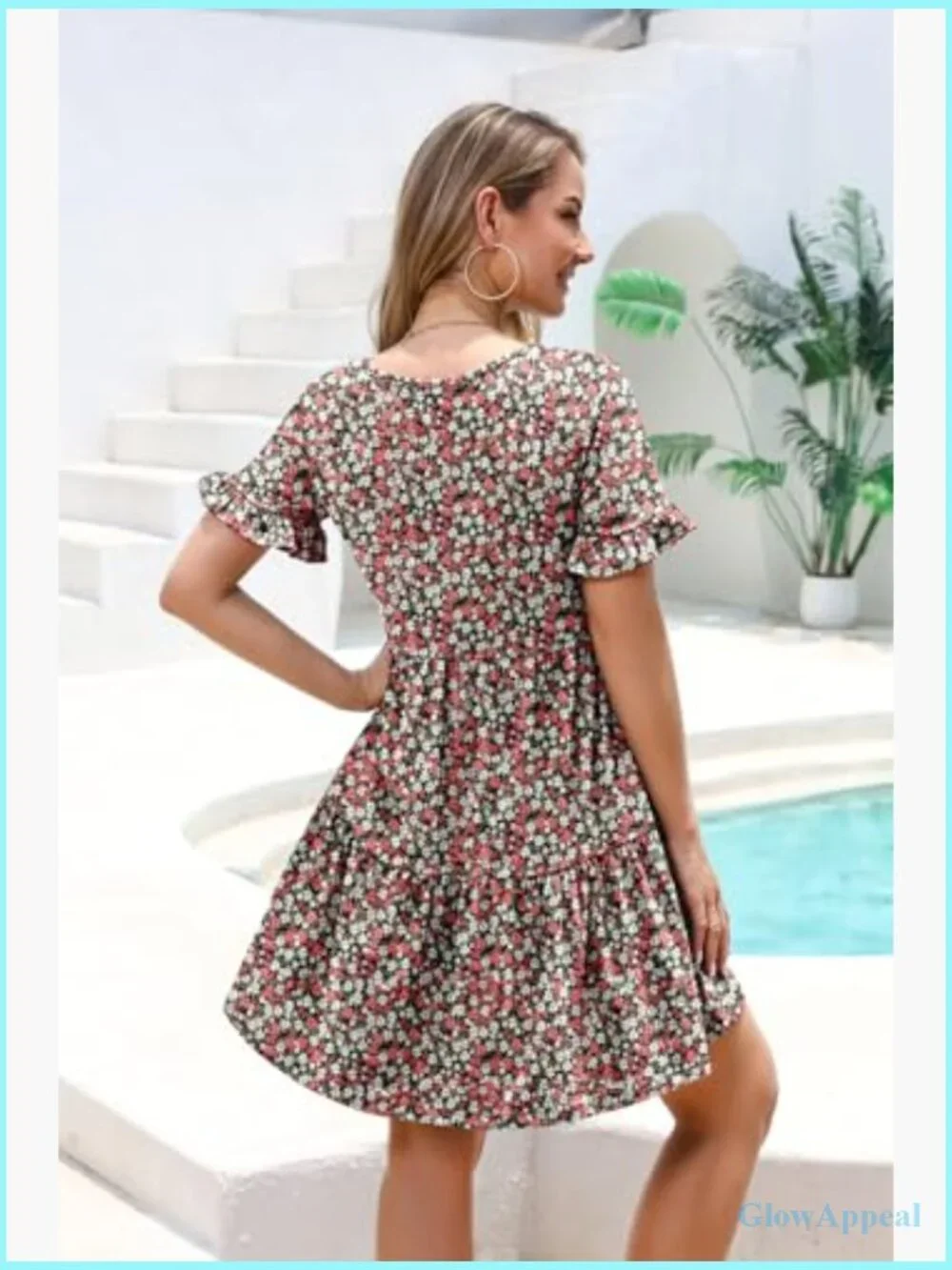 Loose V Neck Ruffle Tiered Flowy A Line Mini Beach Dress with Pockets - Picture 3 of 7